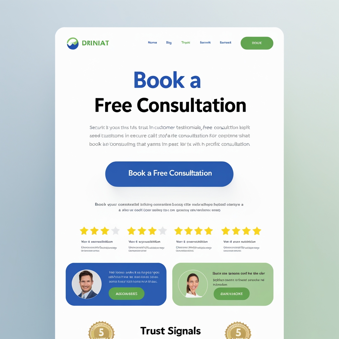 Landing page mockup featuring a bold "Book a Free Consultation" button with trust signals below