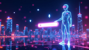 A futuristic AI assistant guiding users through SEO trends like voice and visual search.