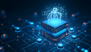 A futuristic depiction of a web crawler bot scanning websites, a digital database, and ranked search results.