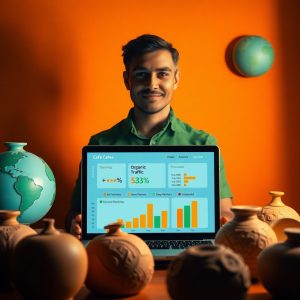 A business owner viewing a glowing laptop dashboard with traffic metrics, positive reviews, and rising graphs.