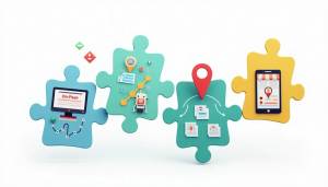 Puzzle pieces representing on-page SEO, off-page SEO, technical SEO, and local SEO assembling into a glowing whole.
