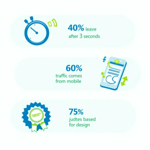 Infographic showing key website stats: 75% of users judge credibility by design, 60% of traffic comes from mobile, and 40% leave slow sites