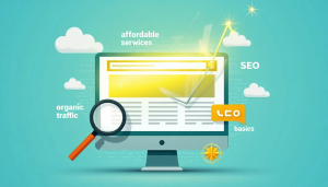 Top-ranking website highlighted on a search engine results page with glowing keywords and upward graph lines.