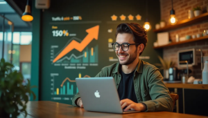 A happy small business owner looking at a laptop with metrics showing traffic growth and high rankings.